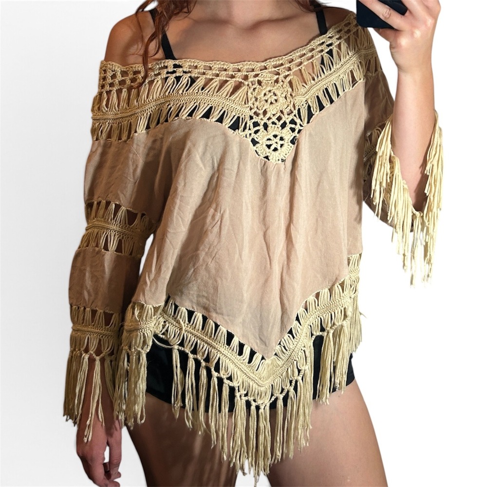 Umgee USA Tan Crochet Lace Fringe Boho Handkerchief Hem Blouse Large